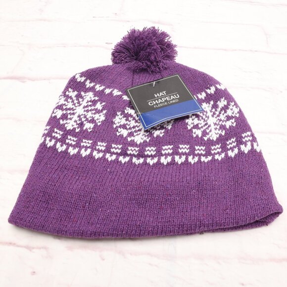 Chapeau Snowflake Winter Ski Beanie Hat Purple White Fleece Lined W/Top Pom - Picture 1 of 9
